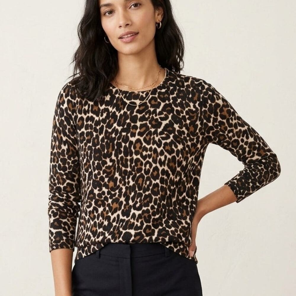 J CREW 100% Merino Wool Tippi Sweater Leopard Print Size Small Black Brown Soft